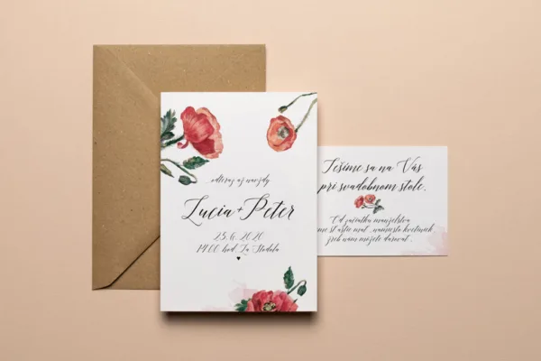svadobné oznámenie s akvarelovými makmi, pozvánka a recyklovaná obálka