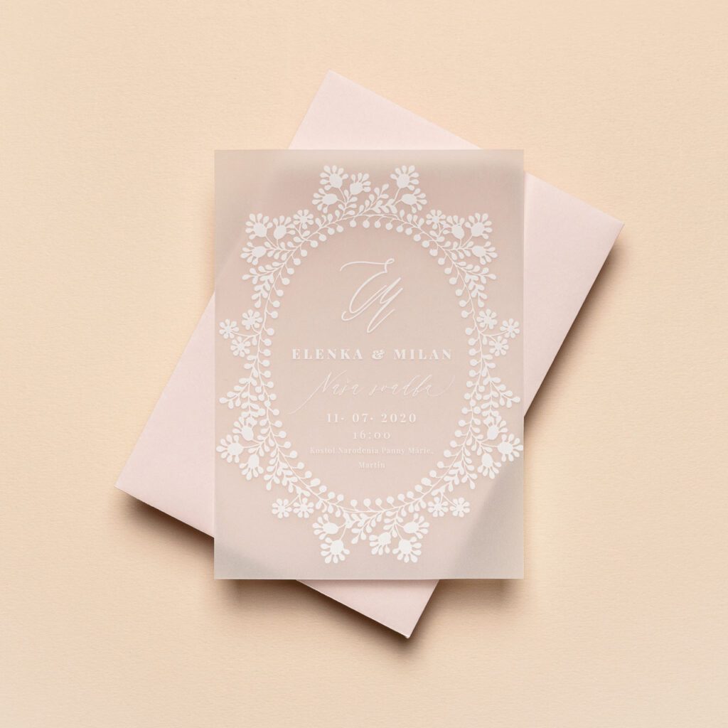 Svadobné oznámenie a obálka transparentný papier a biela tlač