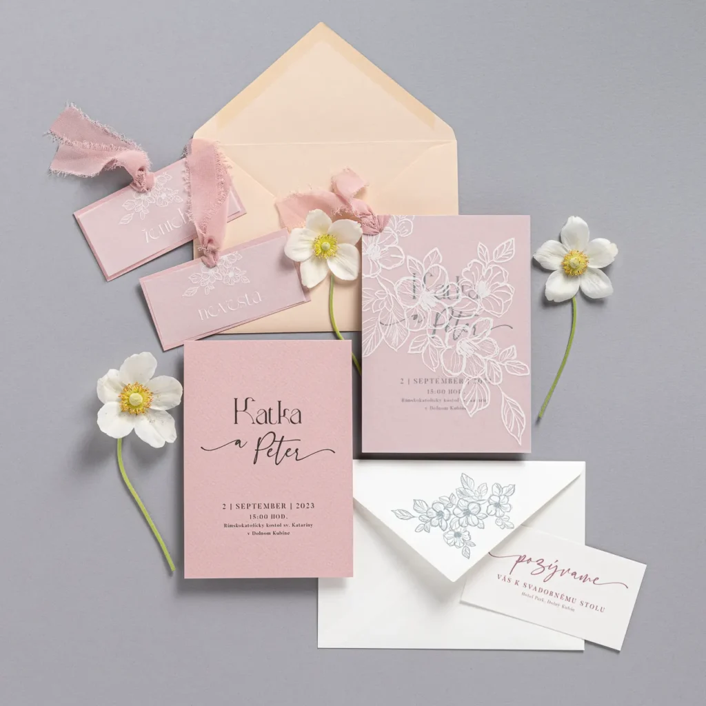 Moderné svadobné oznámenie ružová vytlačené na ružovom kraftovom papieridoplnené vrstvouns transparentného papiera s obálkou a pozvaním k stolu