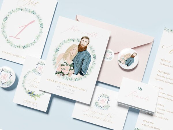 Personalizované svadobné tlačoviny s maľovaným portrétom páru, vlastným erbom a kvetmi